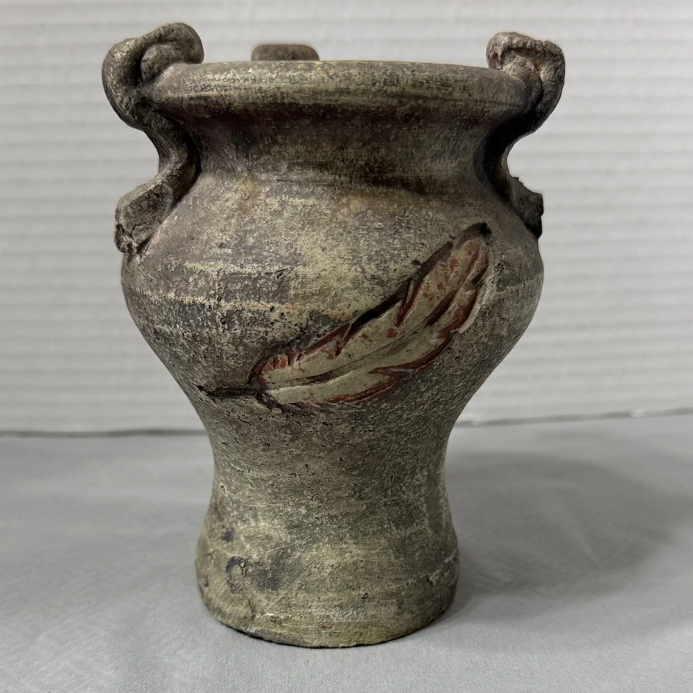 Rustic Style Ceramic Pottery Vase Feather Motif Weathered Finish Loop Handles
